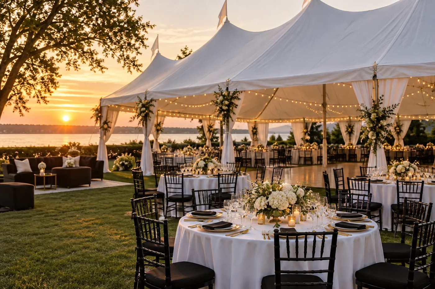 Elegant tent, tables and chairs prepared for an event